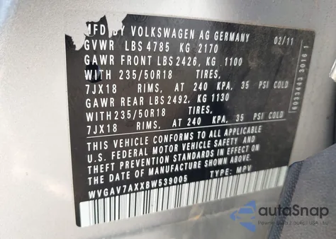 2011 Volkswagen Tiguan Sel z USA, uszkodzony, nr VIN WVGAV7AXXBW539005